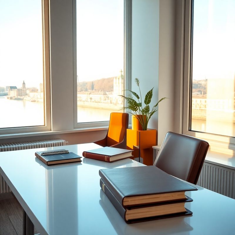 Interior de birou de consultanță în tonuri azurii și albe, cu lumină caldă de după-amiază