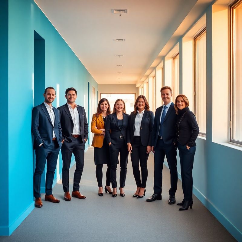 Echipa de consultanți StrategyEngine într-un coridor luminos, cu accente azurii